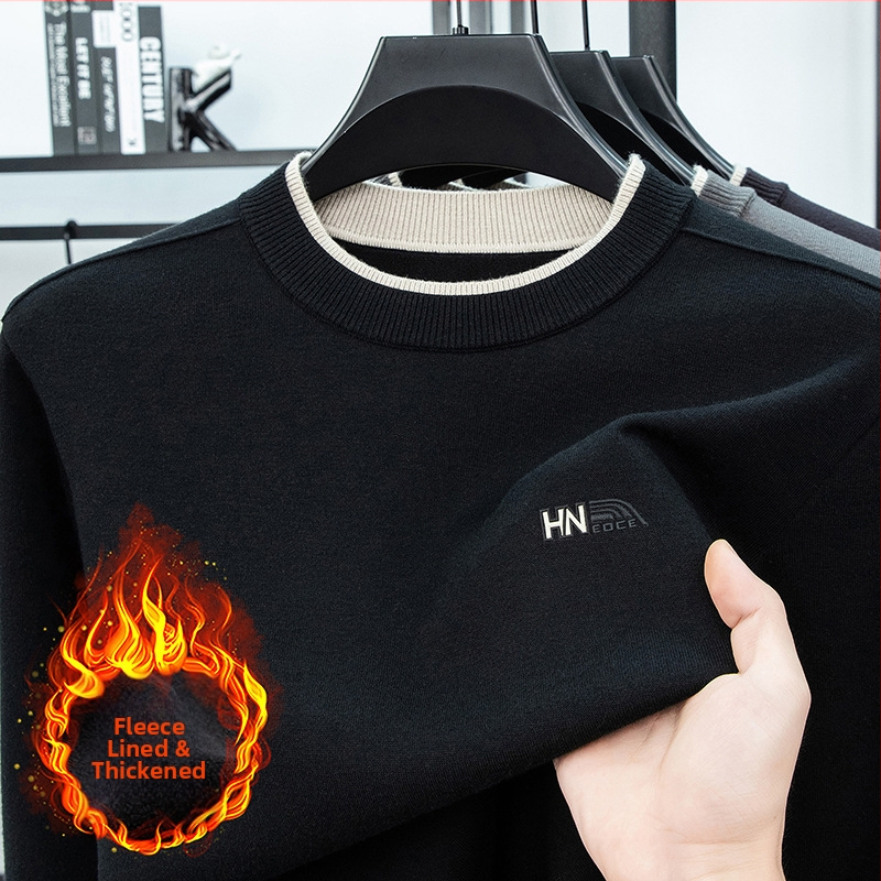 Muški vuneni džemper s flisom i vezenim detaljima, okrugli ovratnik, dugi rukavi, elastičan