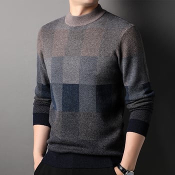Muški pulover od 100% vune, polu-visoki ovratnik, jacquard uzorak kariranog tipa, debeli pleteni, srednja duljina