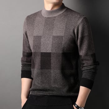 Muški pulover od 100% vune, polu-visoki ovratnik, jacquard uzorak kariranog tipa, debeli pleteni, srednja duljina
