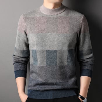 Muški pulover od 100% vune, polu-visoki ovratnik, jacquard uzorak kariranog tipa, debeli pleteni, srednja duljina