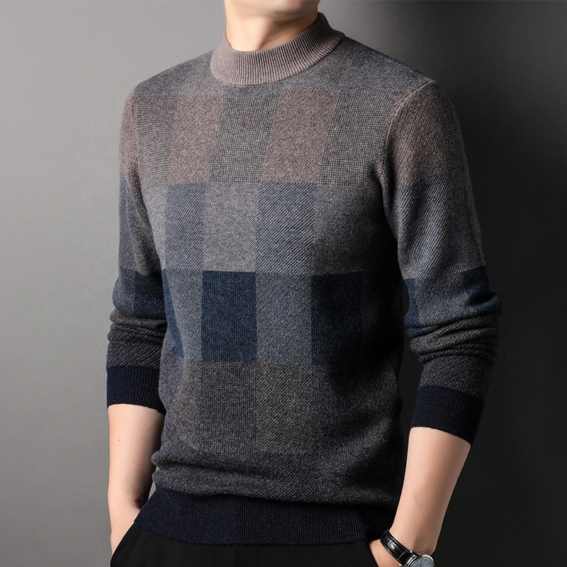 Muški pulover od 100% vune, polu-visoki ovratnik, jacquard uzorak kariranog tipa, debeli pleteni, srednja duljina