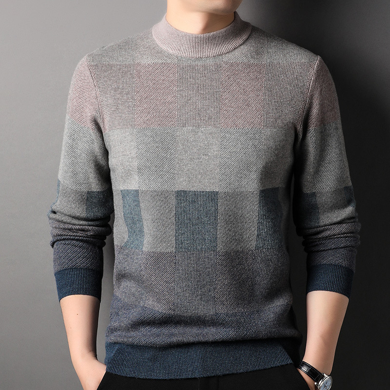 Muški pulover od 100% vune, polu-visoki ovratnik, jacquard uzorak kariranog tipa, debeli pleteni, srednja duljina