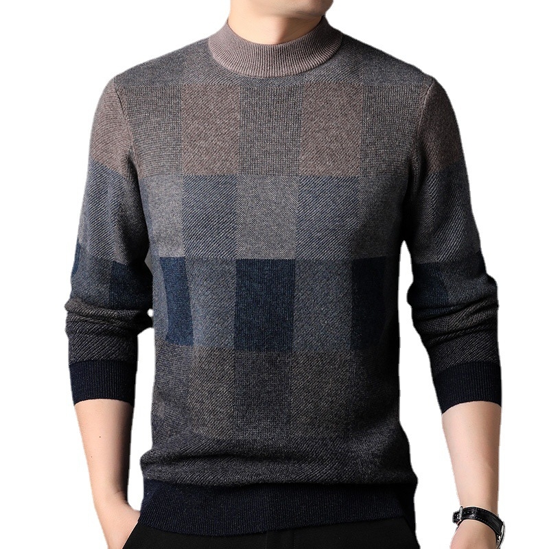 Muški pulover od 100% vune, polu-visoki ovratnik, jacquard uzorak kariranog tipa, debeli pleteni, srednja duljina