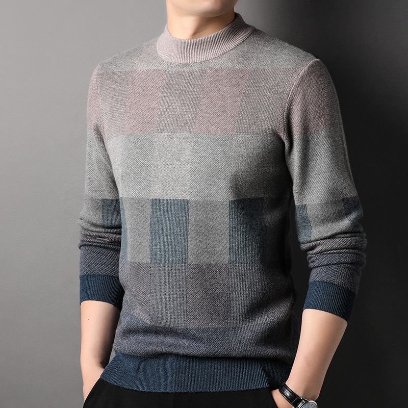 Muški pulover od 100% vune, polu-visoki ovratnik, jacquard uzorak kariranog tipa, debeli pleteni, srednja duljina