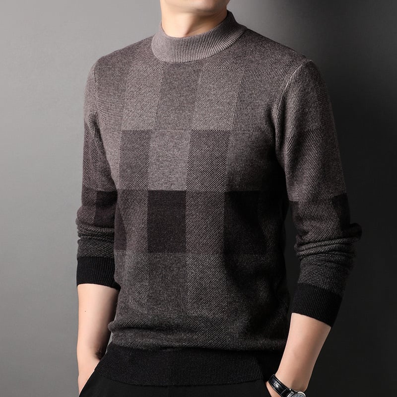 Muški pulover od 100% vune, polu-visoki ovratnik, jacquard uzorak kariranog tipa, debeli pleteni, srednja duljina
