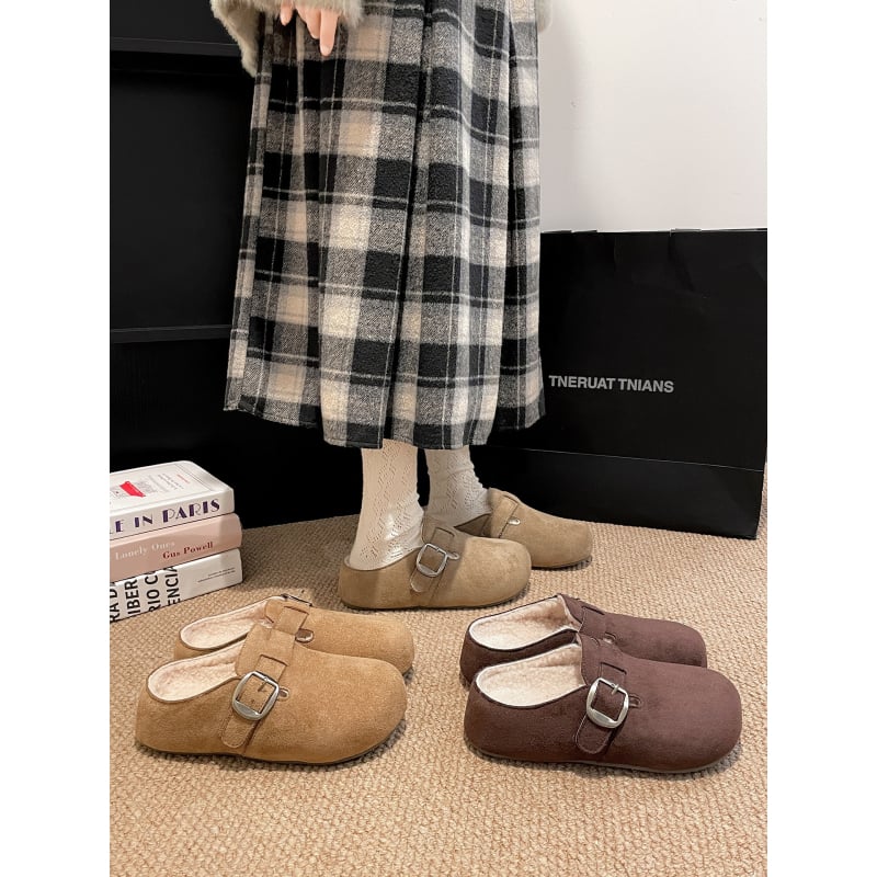 Ženske Birkenstock stil papuče s pliš unutrašnjosti i debelim đonom, PU gornji dio, okrugli vrh, korejski stil