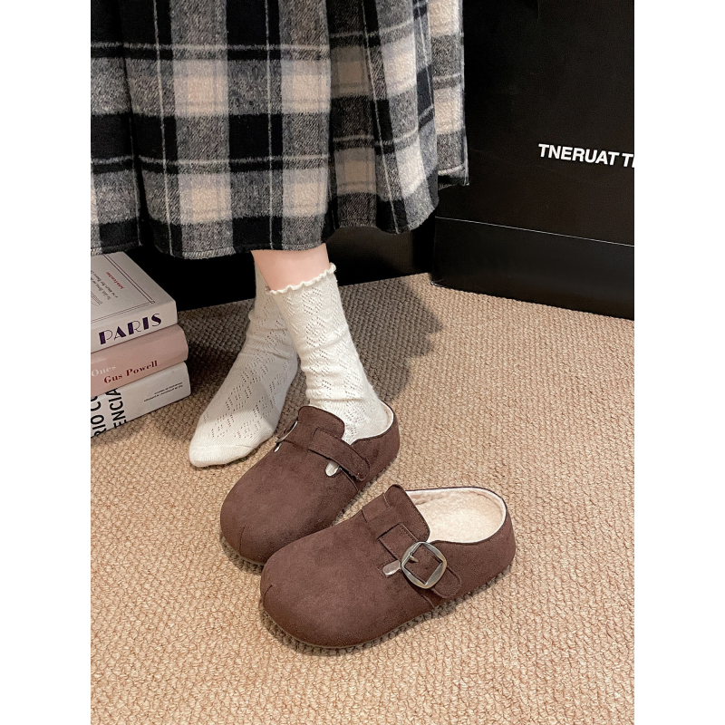 Ženske Birkenstock stil papuče s pliš unutrašnjosti i debelim đonom, PU gornji dio, okrugli vrh, korejski stil