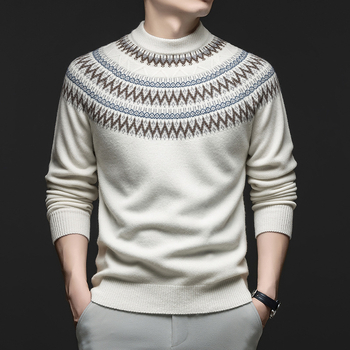 Muški pulover od 100% vune, polu-visoki ovratnik, dugi rukavi, intarsija jacquard pletenje, debeli