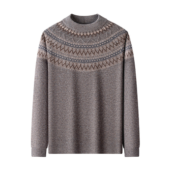 Muški pulover od 100% vune, polu-visoki ovratnik, dugi rukavi, intarsija jacquard pletenje, debeli