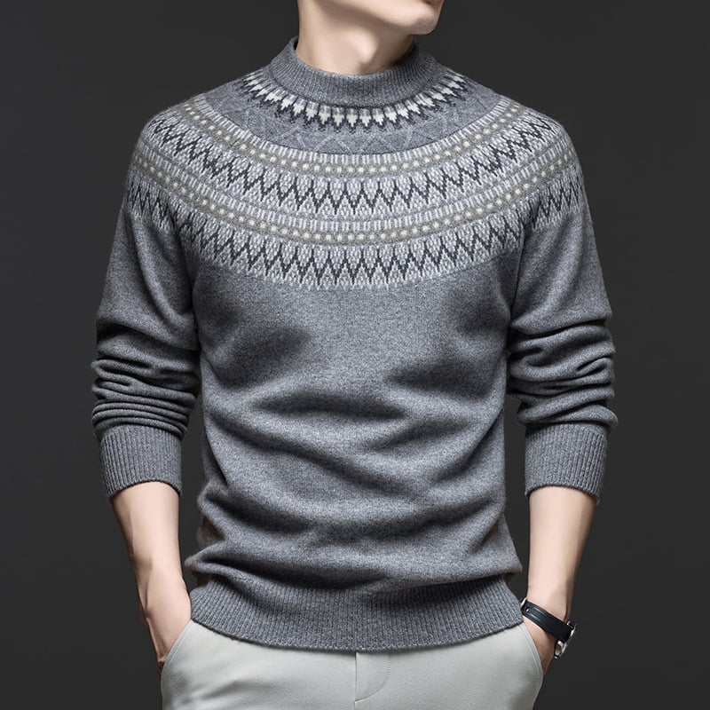 Muški pulover od 100% vune, polu-visoki ovratnik, dugi rukavi, intarsija jacquard pletenje, debeli