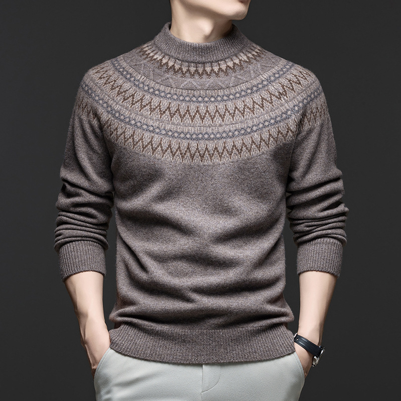 Muški pulover od 100% vune, polu-visoki ovratnik, dugi rukavi, intarsija jacquard pletenje, debeli