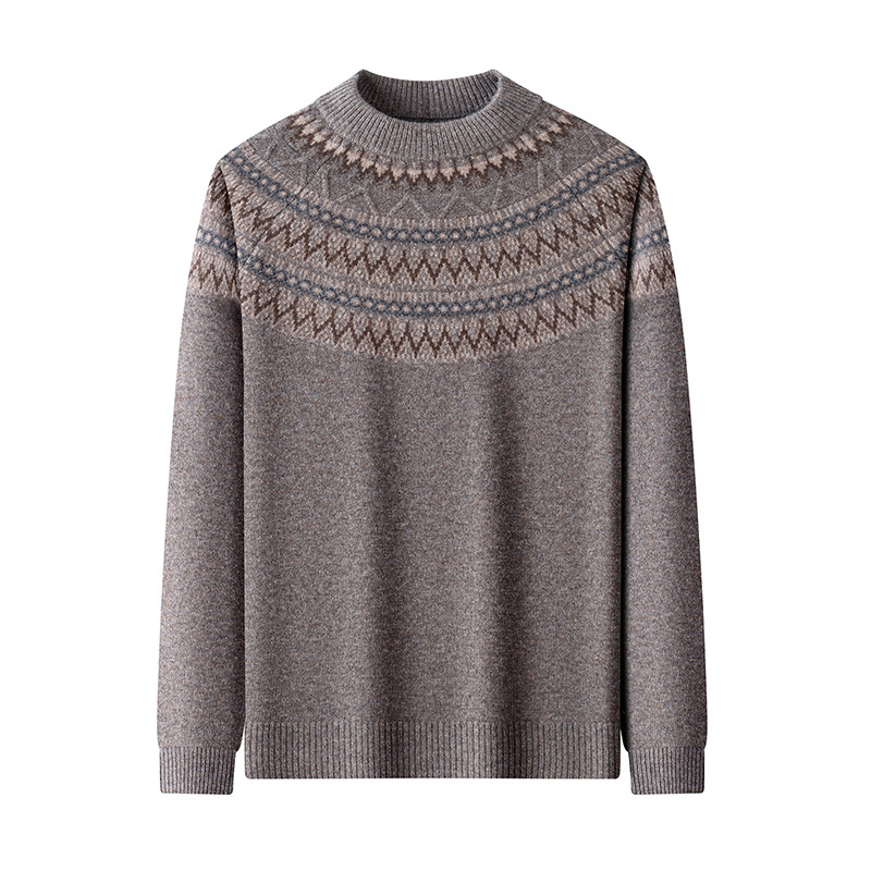 Muški pulover od 100% vune, polu-visoki ovratnik, dugi rukavi, intarsija jacquard pletenje, debeli