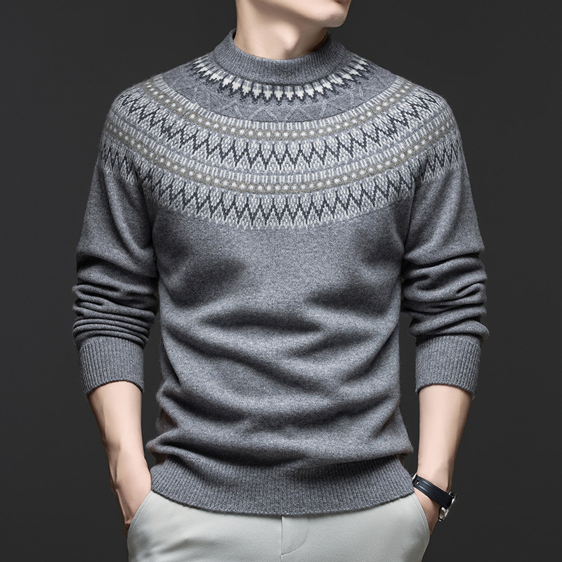 Muški pulover od 100% vune, polu-visoki ovratnik, dugi rukavi, intarsija jacquard pletenje, debeli