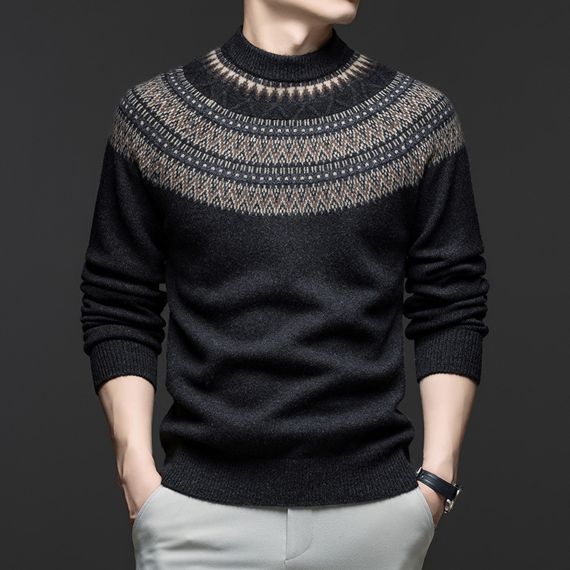 Muški pulover od 100% vune, polu-visoki ovratnik, dugi rukavi, intarsija jacquard pletenje, debeli
