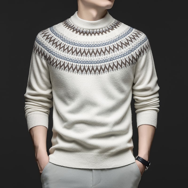Muški pulover od 100% vune, polu-visoki ovratnik, dugi rukavi, intarsija jacquard pletenje, debeli