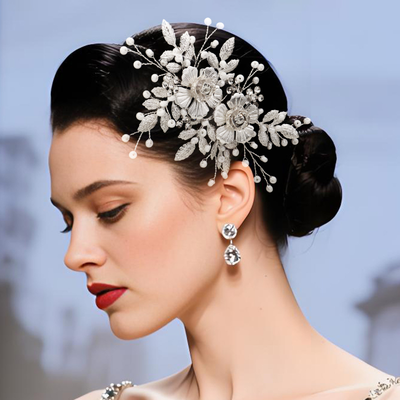 Klip za kosu – ručno izrađen s rhinestones, motiv cvijet-list, za žene