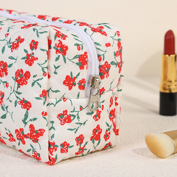 Τσαντάκι καλλυντικών, βαμβακερό, σε σχήμα κουτιού, εσωτερική τσέπη με φερμουάρ και μαλακό χερούλι