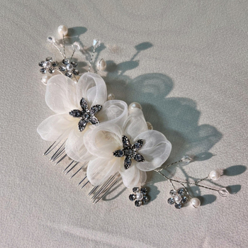 Ornament pentru păr cu perle și cristale, floare, CC05