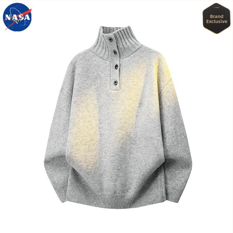 Muški pleteni džemper s visokim ovratnikom i gumbima, NASA branda, jesen-zima