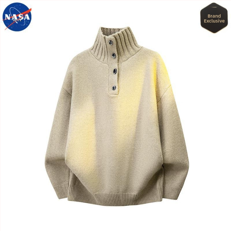 Muški pleteni džemper s visokim ovratnikom i gumbima, NASA branda, jesen-zima