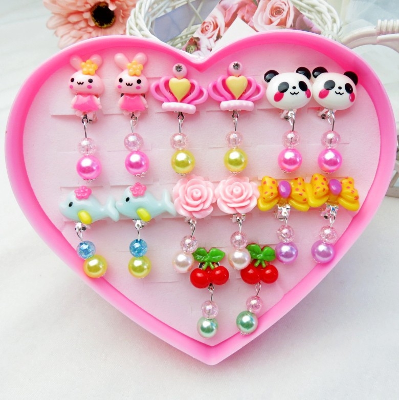 Παιδικά κλιπ για τα αυτιά, πλαστικό/ρητίνη με ακρυλικό μωσαϊκό, καρτούν στυλ, Σειρά Princess, χειροποίητο