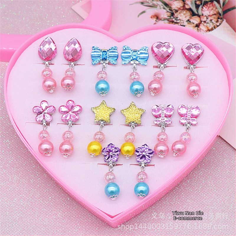 Detské náušnicové klipsy, plast/živica s akrylovým mozaikou, kreslený štýl, Princezná séria