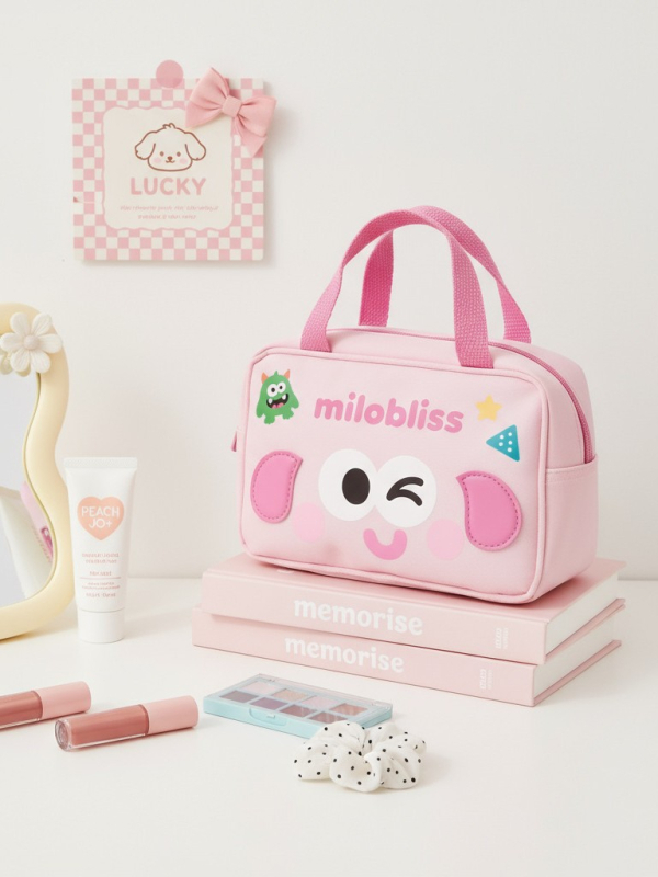 Τσαντάκι καλλυντικών με σχέδιο γλυκού μικρού τέρατος, πολυεστέρας, τετράγωνο σχήμα, φερμουάρ.