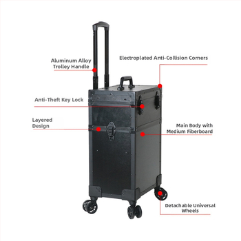 Κουτί μακιγιάζ με φώτα, επαγγελματικό, κράμα αλουμινίου + MDF + EVA, τροχοφόρο με ράβδο έλξης, περιστρεφόμενοι τροχοί, κλείδωμα