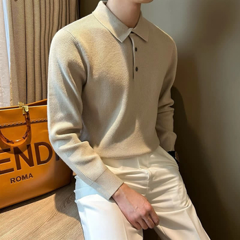 Pleteni džemper, korejskog stila polo ovratnik, dugi rukavi, poliesterska smjesa, jesen 2025