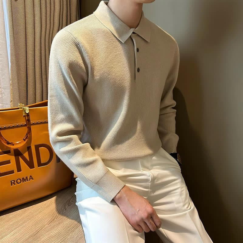 Pleteni džemper, korejskog stila polo ovratnik, dugi rukavi, poliesterska smjesa, jesen 2025
