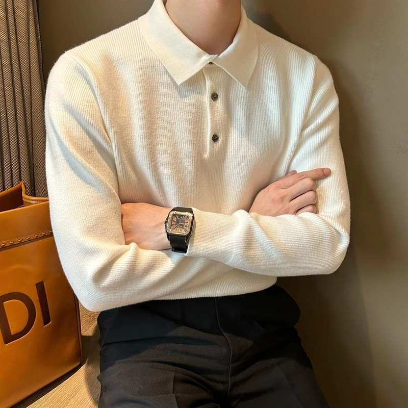 Pleteni džemper, korejskog stila polo ovratnik, dugi rukavi, poliesterska smjesa, jesen 2025