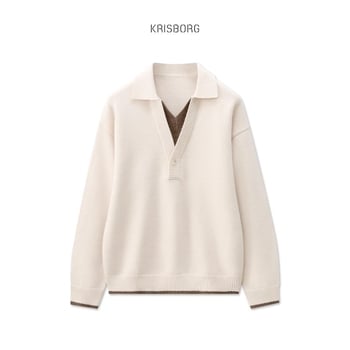 Muški vuneni pleteni džemper s Polo ovratnikom, lažni dvodjelni stil, dugi rukavi, 100% vuna, detalji od zecje dlake – Jesen-Zima 2025