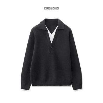 Muški vuneni pleteni džemper s Polo ovratnikom, lažni dvodjelni stil, dugi rukavi, 100% vuna, detalji od zecje dlake – Jesen-Zima 2025