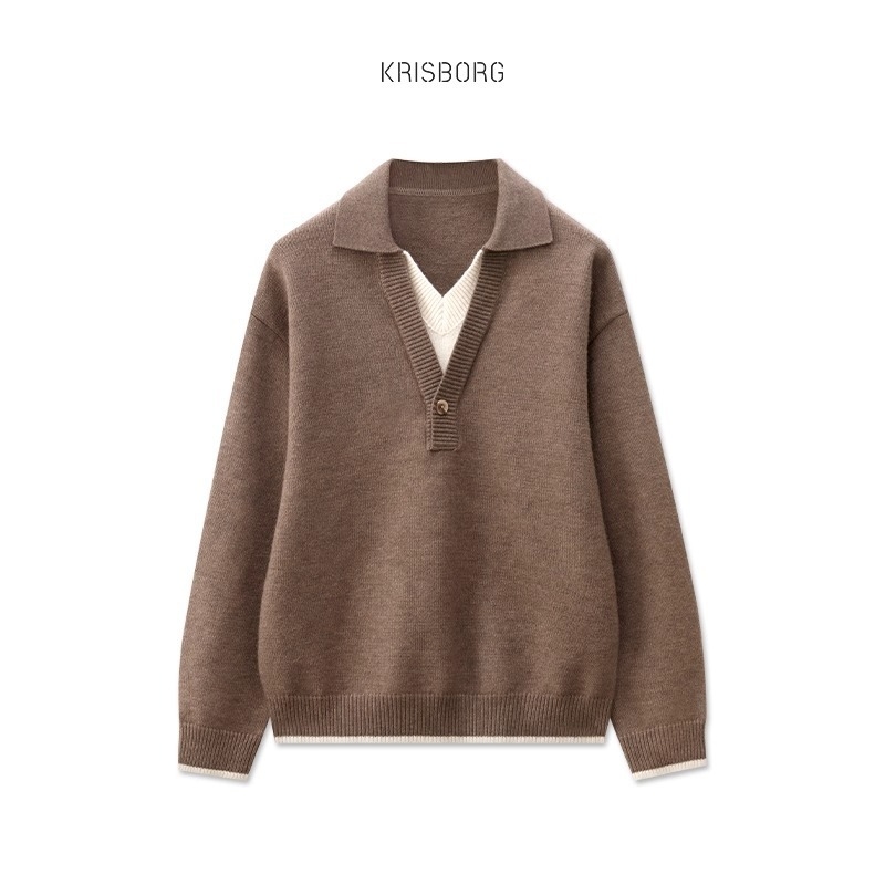 Muški vuneni pleteni džemper s Polo ovratnikom, lažni dvodjelni stil, dugi rukavi, 100% vuna, detalji od zecje dlake – Jesen-Zima 2025