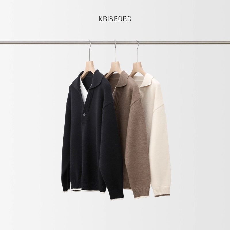 Muški vuneni pleteni džemper s Polo ovratnikom, lažni dvodjelni stil, dugi rukavi, 100% vuna, detalji od zecje dlake – Jesen-Zima 2025