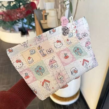 Τσαντάκι μακιγιάζ με καρό και γάτα, γλυκό καρτούν στυλ, με μεγάλη χωρητικότητα για ταξίδια, επένδυση πολυεστέρα, κατάλληλο για γυναίκες, κυκλοφόρησε άνοιξη 2025