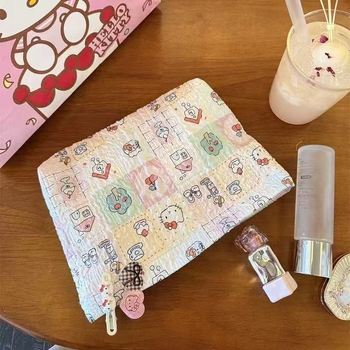 Τσαντάκι μακιγιάζ με καρό και γάτα, γλυκό καρτούν στυλ, με μεγάλη χωρητικότητα για ταξίδια, επένδυση πολυεστέρα, κατάλληλο για γυναίκες, κυκλοφόρησε άνοιξη 2025