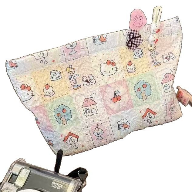 Τσαντάκι μακιγιάζ με καρό και γάτα, γλυκό καρτούν στυλ, με μεγάλη χωρητικότητα για ταξίδια, επένδυση πολυεστέρα, κατάλληλο για γυναίκες, κυκλοφόρησε άνοιξη 2025