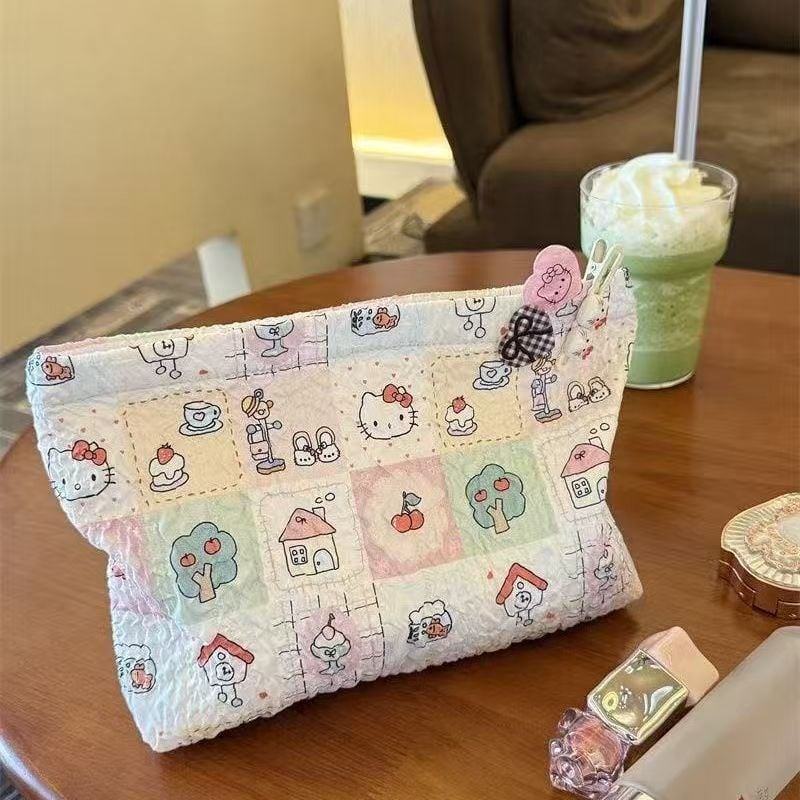 Τσαντάκι μακιγιάζ με καρό και γάτα, γλυκό καρτούν στυλ, με μεγάλη χωρητικότητα για ταξίδια, επένδυση πολυεστέρα, κατάλληλο για γυναίκες, κυκλοφόρησε άνοιξη 2025