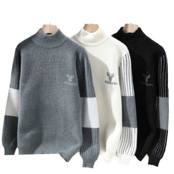 Muški pulover s poluzvi visokim ovratnikom, imitacija mink velur, debeli zimski pleteni, dugi rukavi, slobodan kroj, 31,3% polyester / 68,7% najlon