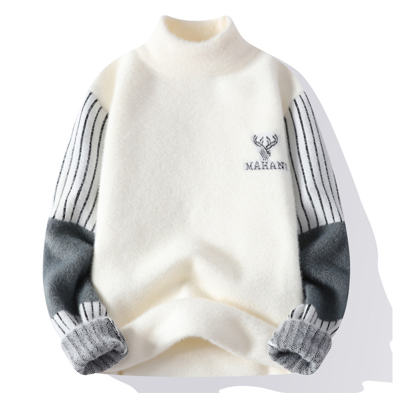Muški pulover s poluzvi visokim ovratnikom, imitacija mink velur, debeli zimski pleteni, dugi rukavi, slobodan kroj, 31,3% polyester / 68,7% najlon