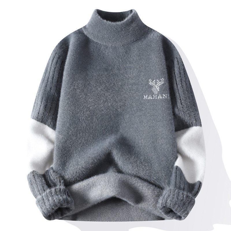 Muški pulover s poluzvi visokim ovratnikom, imitacija mink velur, debeli zimski pleteni, dugi rukavi, slobodan kroj, 31,3% polyester / 68,7% najlon