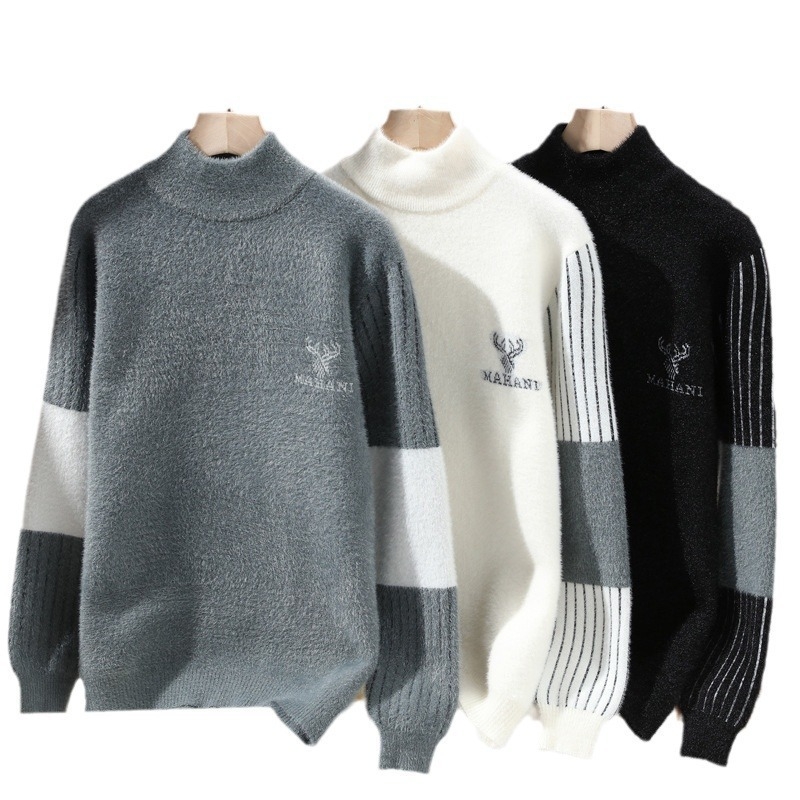 Muški pulover s poluzvi visokim ovratnikom, imitacija mink velur, debeli zimski pleteni, dugi rukavi, slobodan kroj, 31,3% polyester / 68,7% najlon