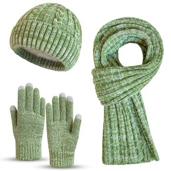 Τριών τεμαχίων πλεκτό χειμερινό σετ: καπέλο, φουλάρι και γάντια; ακρυλικό νήμα; πλέξη Jacquard; unisex ενήλικες; κατάλληλο για φθινόπωρο-χειμώνα