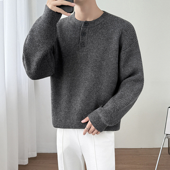 Muški Henley pleteni džemper s jacquard uzorkom, srednja debljina, 54,3% akrilna vlakna, jesen 2025