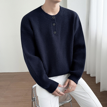 Muški Henley pleteni džemper s jacquard uzorkom, srednja debljina, 54,3% akrilna vlakna, jesen 2025