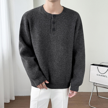 Muški Henley pleteni džemper s jacquard uzorkom, srednja debljina, 54,3% akrilna vlakna, jesen 2025