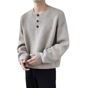 Muški Henley pleteni džemper s jacquard uzorkom, srednja debljina, 54,3% akrilna vlakna, jesen 2025