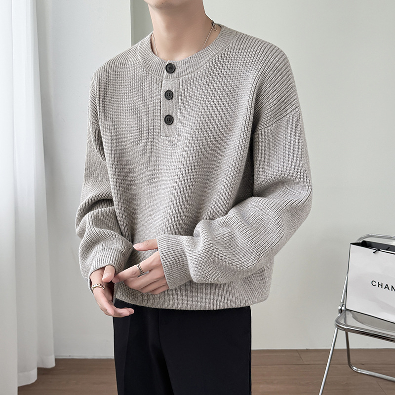 Muški Henley pleteni džemper s jacquard uzorkom, srednja debljina, 54,3% akrilna vlakna, jesen 2025