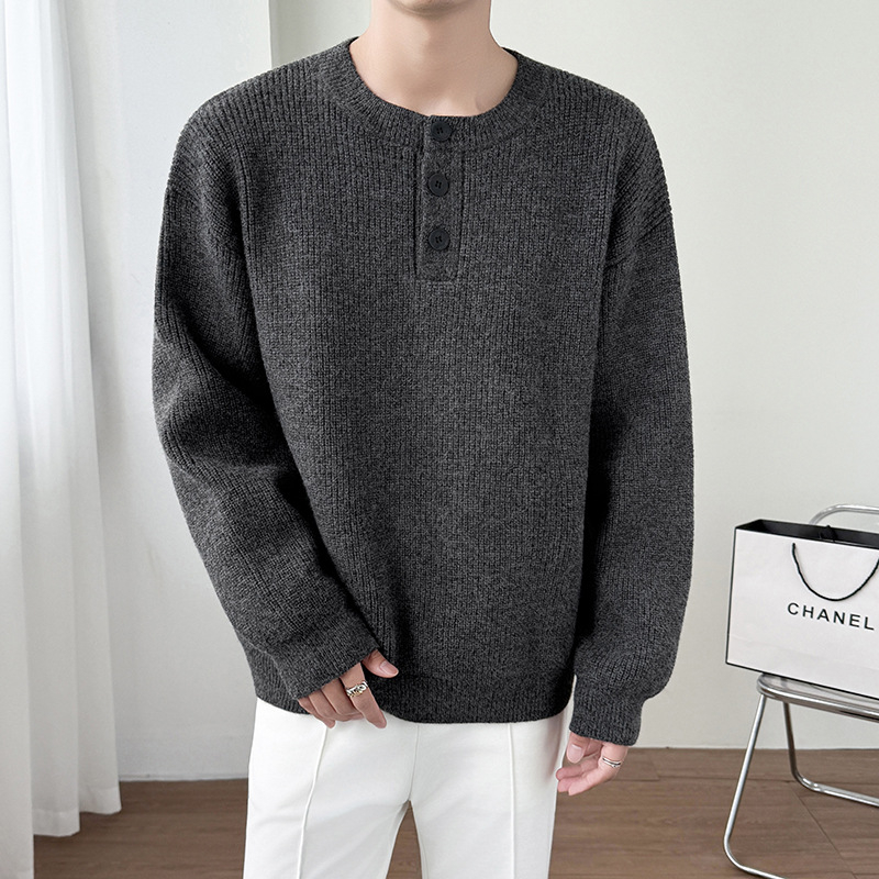 Muški Henley pleteni džemper s jacquard uzorkom, srednja debljina, 54,3% akrilna vlakna, jesen 2025